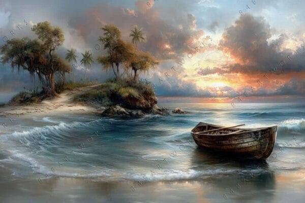 Oil painting of a small island with trees, boat on shore, and sunset sky.