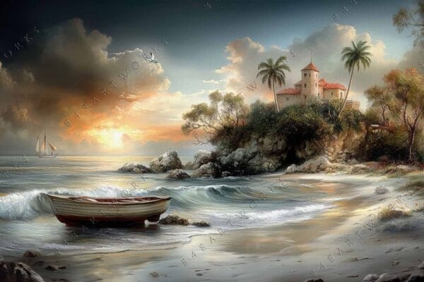 Digital painting of a coastal landscape with a boat, rocky cliffs, and a sunset sky.