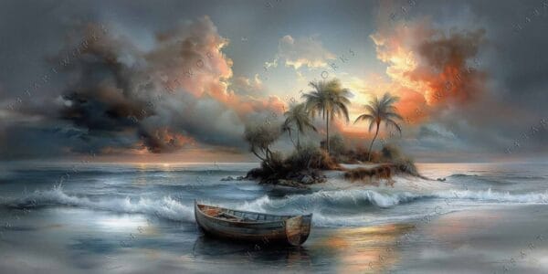 "Tropical island digital painting with stormy sky and boat in foreground."