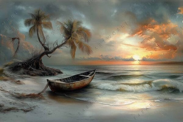 "Surreal digital painting of a beach at sunset with a lone boat and palm trees."