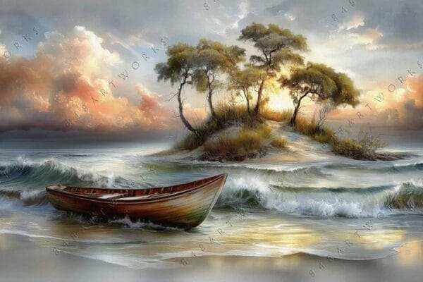 Surreal painting of an empty boat near a small island with sunset clouds.
