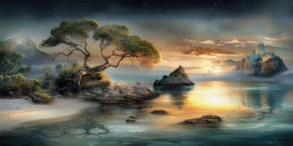 "Digital painting of a serene coastal landscape with a lone tree and distant mountains."