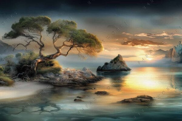 "Digital painting of a serene coastal landscape with a lone tree and distant mountains."