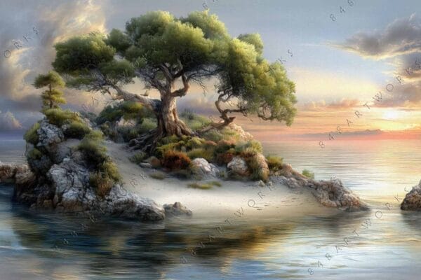 Digital painting of a lone tree on a small rocky island at sunset.