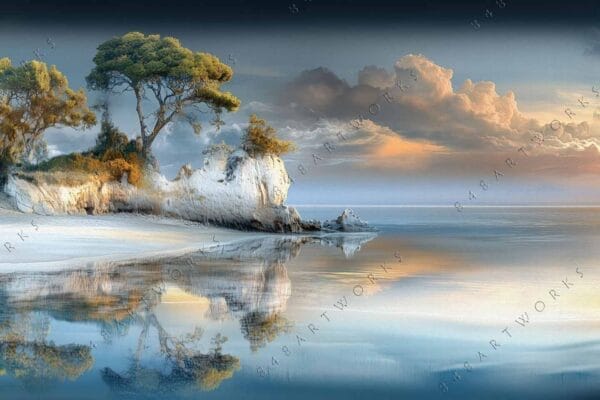 "Surreal digital painting of trees on a reflective beach, pastel sunset sky."