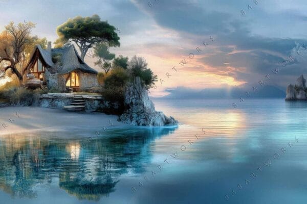 Digital art of a serene lakeside cabin surrounded by trees at sunset.
