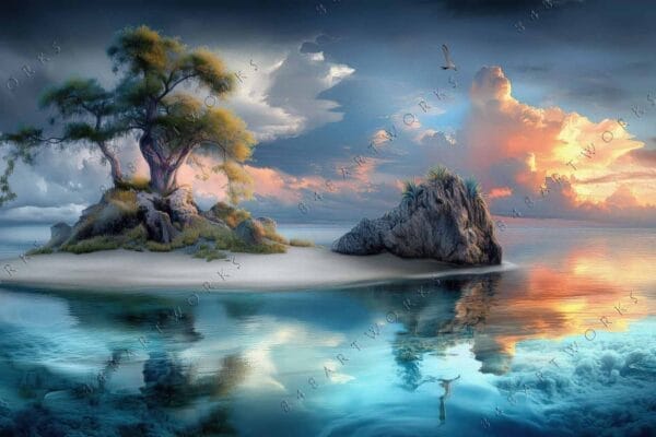 "Digital painting of a small tree island amidst a colorful, reflective sea and sky."