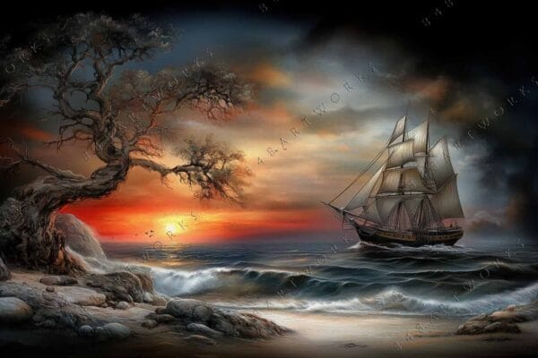 Digital painting of a ship on stormy seas at sunset, with rocky shoreline.