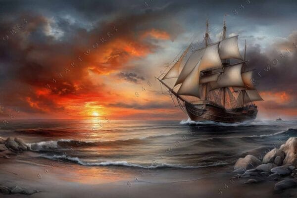 Digital painting of a sailing ship at sunset with dramatic clouds and rocky shore.