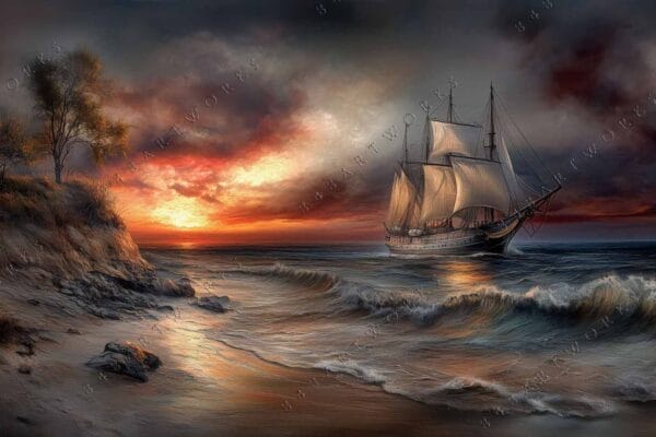 "Digital painting of a sailing ship near rocky shore at sunset, with dramatic clouds."