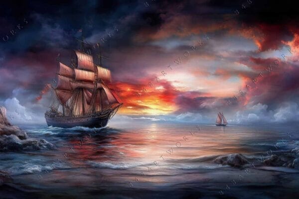 Digital painting of a sailing ship at sunset, surrounded by dramatic clouds and rocks.