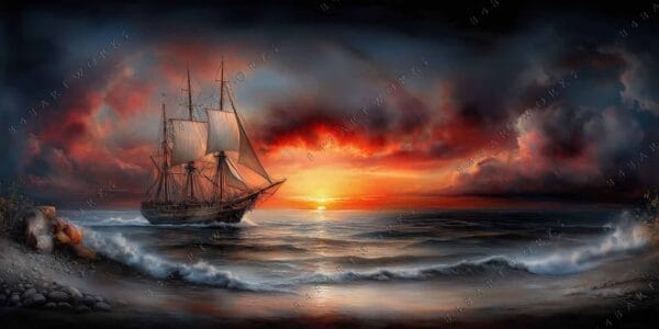 Painting of a sailing ship on stormy sea with vibrant red and orange sunset.