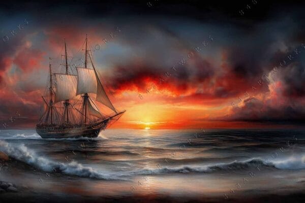 Painting of a sailing ship on stormy sea with vibrant red and orange sunset.