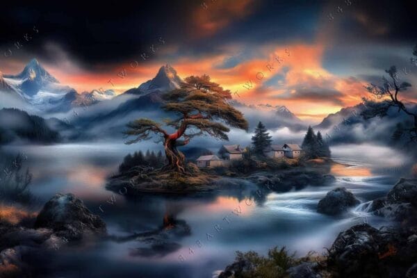 "Digital painting of a serene mountain village at sunset with misty lake and trees."