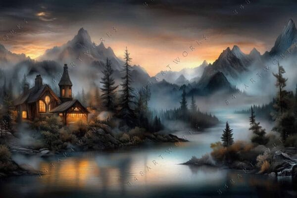 "Digital painting of a cozy cabin by a misty lake in a mountain landscape."