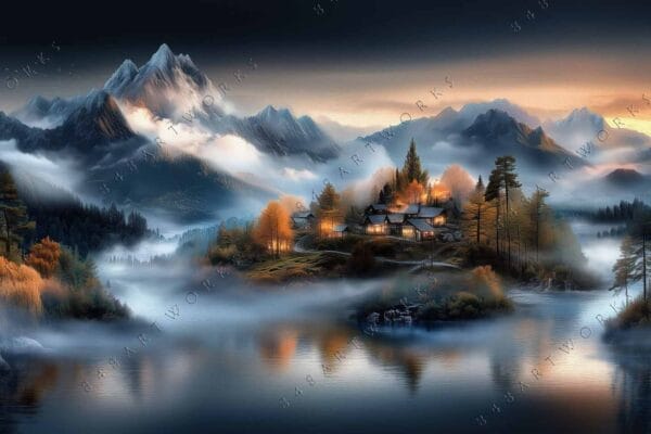 "Digital painting of a misty forest landscape with mountains and autumn-colored trees."