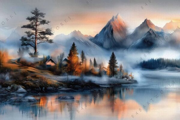 "Digital painting of foggy mountain landscape with trees, river, and warm sunrise tones."