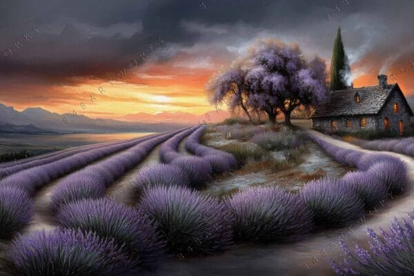 Digital painting of a lavender field, cottage, and trees under a vibrant sunset sky.