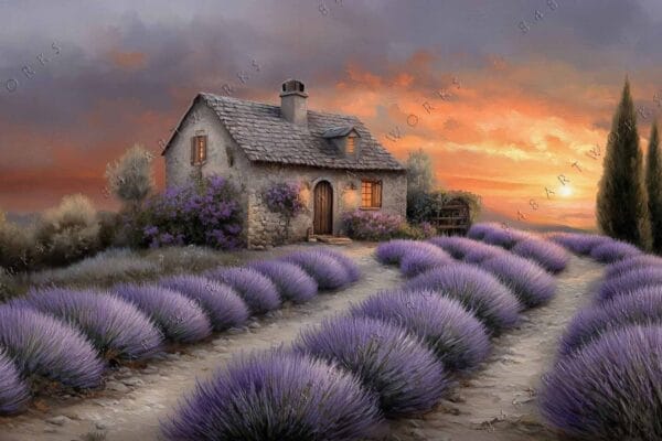 Digital painting of stone cottage amidst lavender fields, sunset sky, and tall trees.