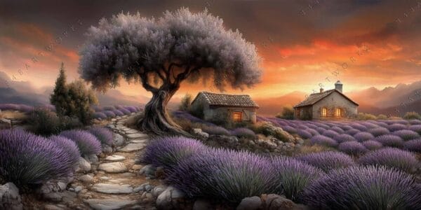 "Digital painting of lavender fields with sunset sky and rustic cottages."