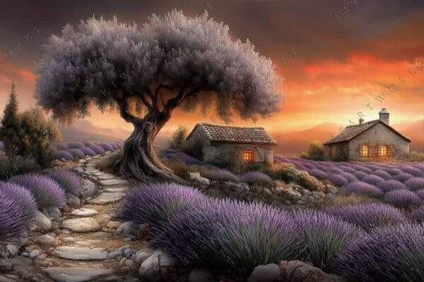 "Digital painting of lavender fields with sunset sky and rustic cottages."