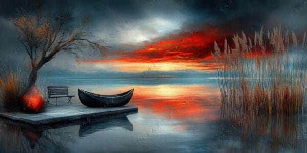 Surreal digital painting of a lakeside sunset with a boat, bench, and vase.