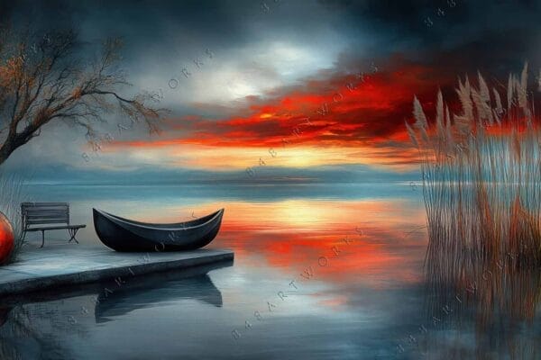 Surreal digital painting of a lakeside sunset with a boat, bench, and vase.