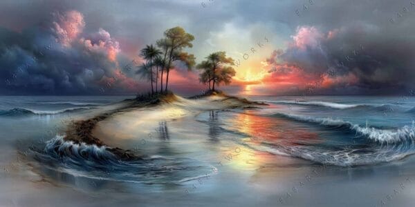Digital painting of a small island with trees at sunset, vibrant sky reflecting.