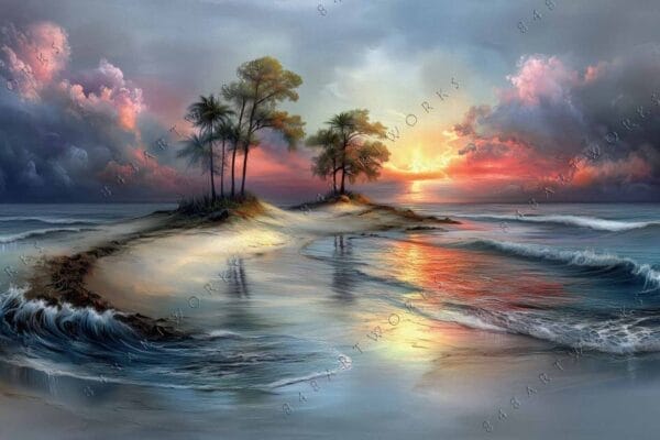 Digital painting of a small island with trees at sunset, vibrant sky reflecting.