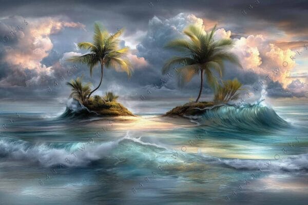 "Fantasy digital art of two small islands with palm trees under dramatic clouds and waves."
