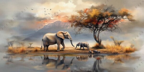 Digital painting of elephants by a watering hole with a tree, under a colorful sky.