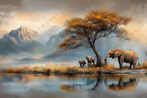 "Digital painting of elephants under a tree with mountains and reflective water."