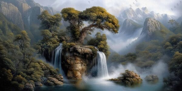 Digital painting of a misty landscape with waterfalls and a solitary tree on a rock.