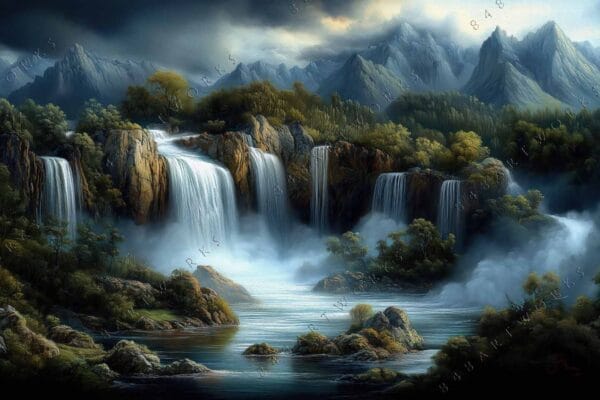 "Digital painting of a serene forest waterfall with mist and lush greenery."