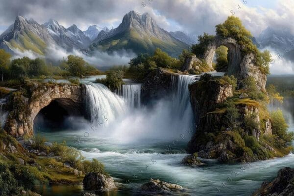 "Digital painting of cascading waterfalls with lush greenery and misty mountains in the background."
