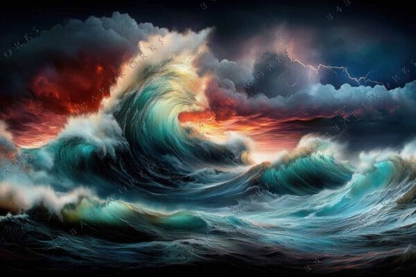 "Dramatic digital painting of ocean waves with stormy sky in red and blue hues."