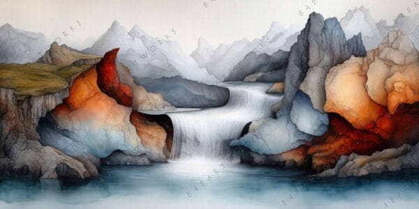 "Abstract digital painting of a mountain waterfall in earthy browns and muted grays."