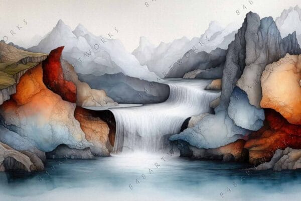 "Abstract digital painting of a mountain waterfall in earthy browns and muted grays."