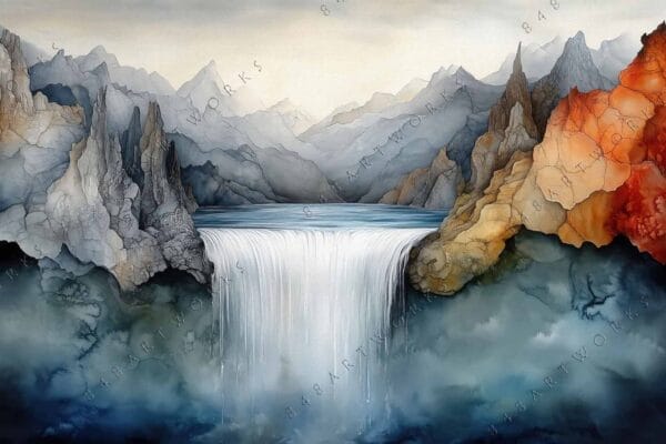 Abstract watercolor painting of a waterfall with blue-gray mountains and red-orange cliffs.