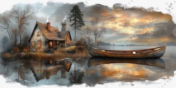 Rustic digital painting of a lakeside cabin and canoe with warm sunset tones.