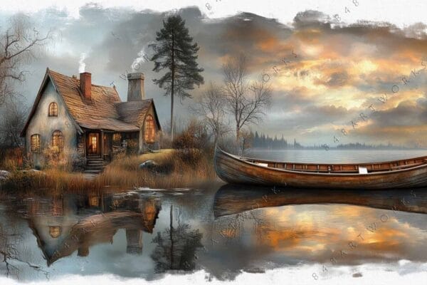 Rustic digital painting of a lakeside cabin and canoe with warm sunset tones.