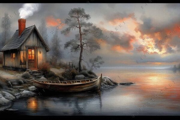 "Digital painting of a lakeside cabin with boat, glowing sunset, and misty trees."