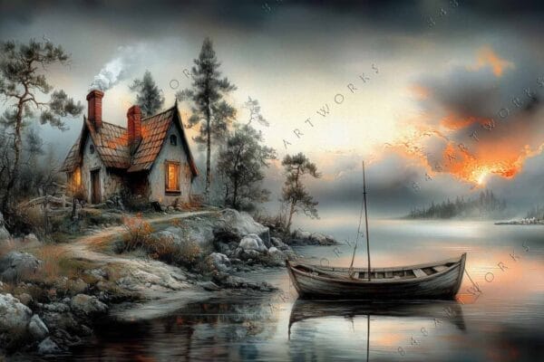 Rustic cottage and boat by a misty lake at sunset, digital painting.