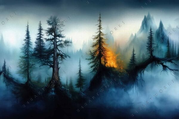 "Surreal digital art of misty forest with fiery orange highlights and dark blue hues."