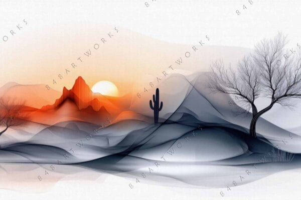 "Digital artwork of a desert landscape at sunrise with mountains, cactus, and barren trees."