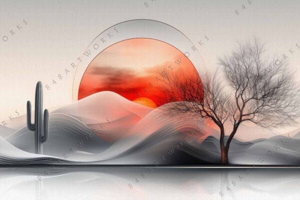 "Surreal digital art of desert landscape with cactus, tree, and red sun."