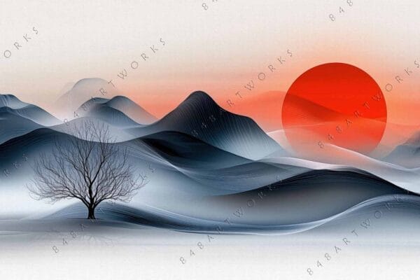 "Digital art of abstract mountains with a red sun and a leafless tree."