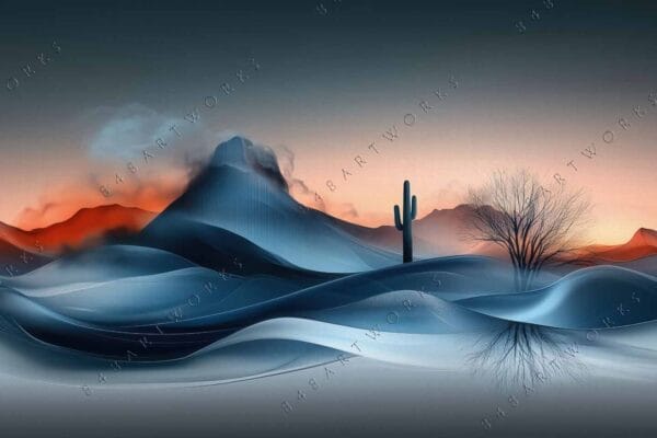 "Digital painting of desert landscape, blue dunes, and mountains under a dusky sky."