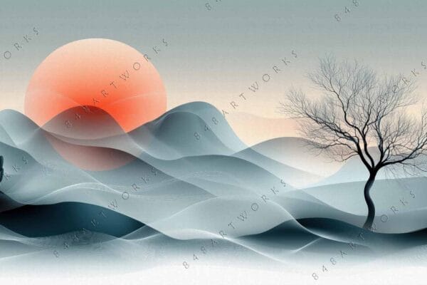 "Abstract digital art of wavy teal hills, bare tree, cactus, and large orange sun."
