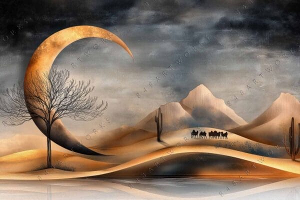 "Digital painting of desert landscape with crescent moon, tree, mountains, and camels."